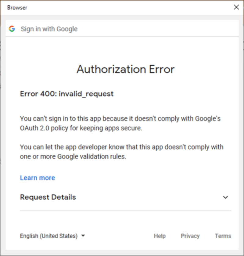 Google Authorization Error 400 Invalid request Compliance With OAuth 